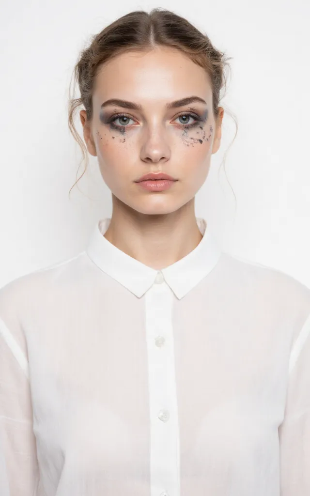 A French female model with an Artistic makeup style, wearing a shirt, against a white background, in a front   facing bust portrait